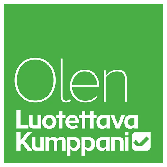 Vihreällä pohjalla valkoinen teksti 'Olen Luotettava Kumppani' ja valintamerkki.