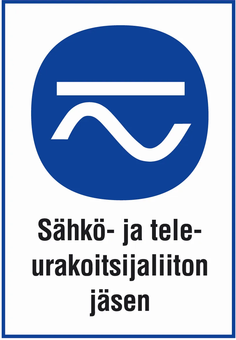 Sininen symboli, jossa on suora ja aaltoviiva, kuvaa sähkövirtaa ja sähkötyötä.